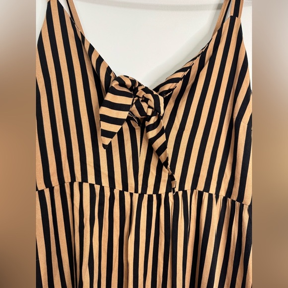 Women’s Cleo Tie Front Caramel and Black Striped Midi Fall Peak-a-boo Dress - Picture 4 of 7